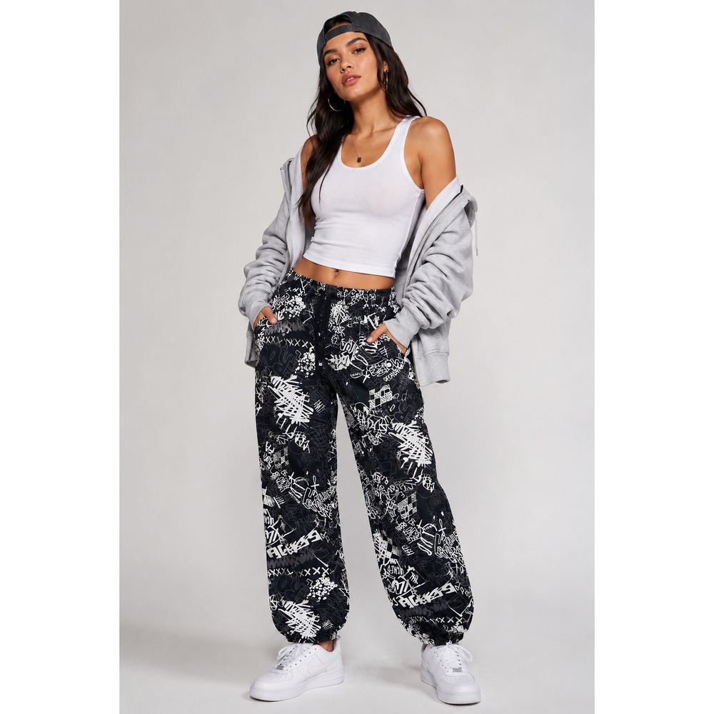 VIP Jeans Graffiti Print Jogger Pants XL Black White Y2K Streetwear Baggy‎ 15/16